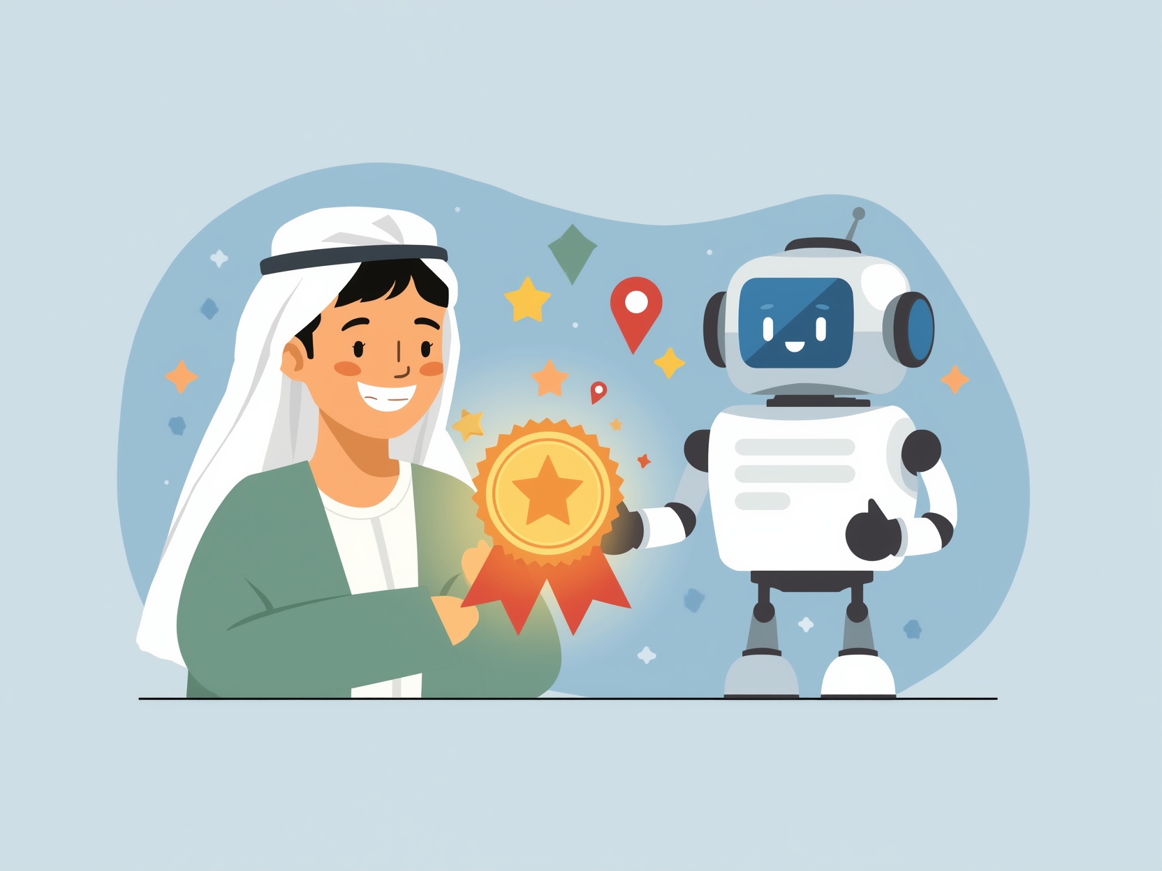 طالب عربي سعيد يتلقى شارة ذهبية من روبوت ودود، مع نجوم ونقاط تحلق حوله.